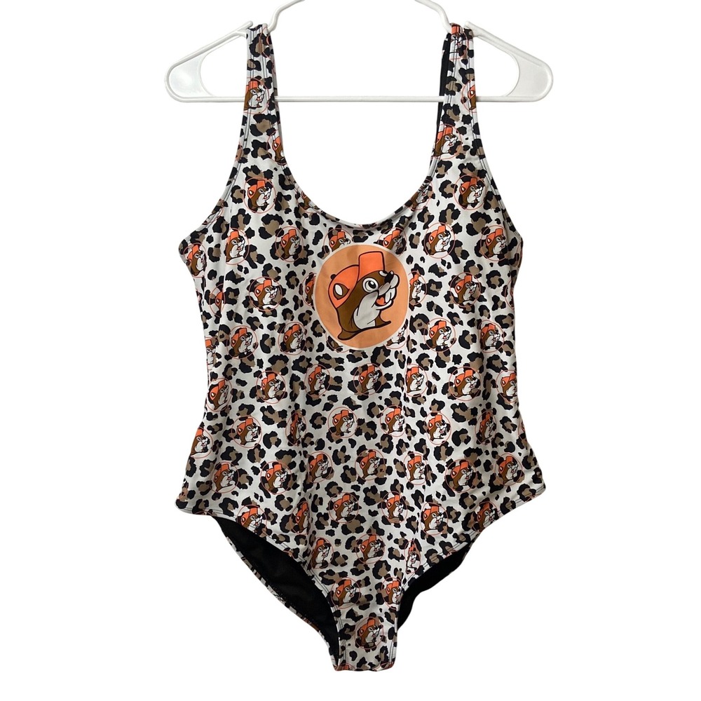 Buc-ee's Womens Leopard Print One Piece Swimsuit Beaver Logo Scoop Back‎ XL